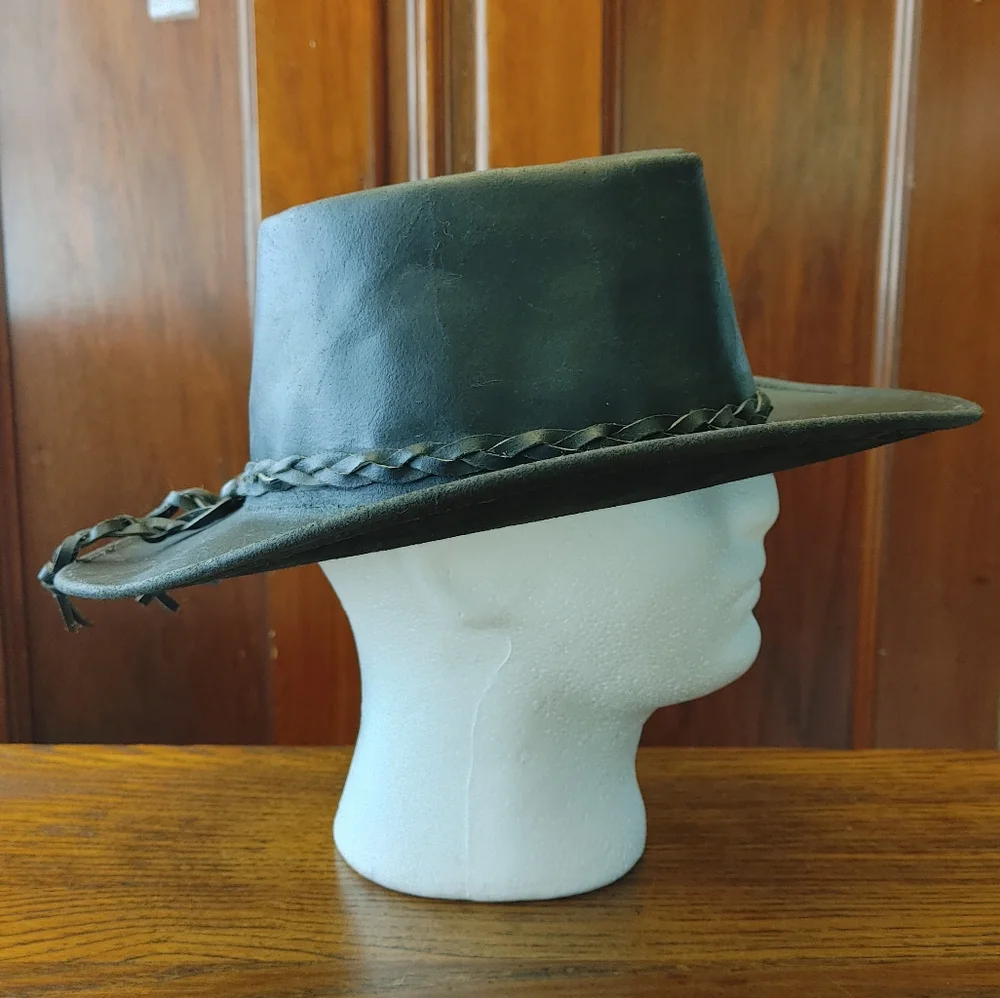VINTAGE Black Leather Cowboy Hat US size M (abt 7-1/8 - 7-1/4) HANDMADE EC